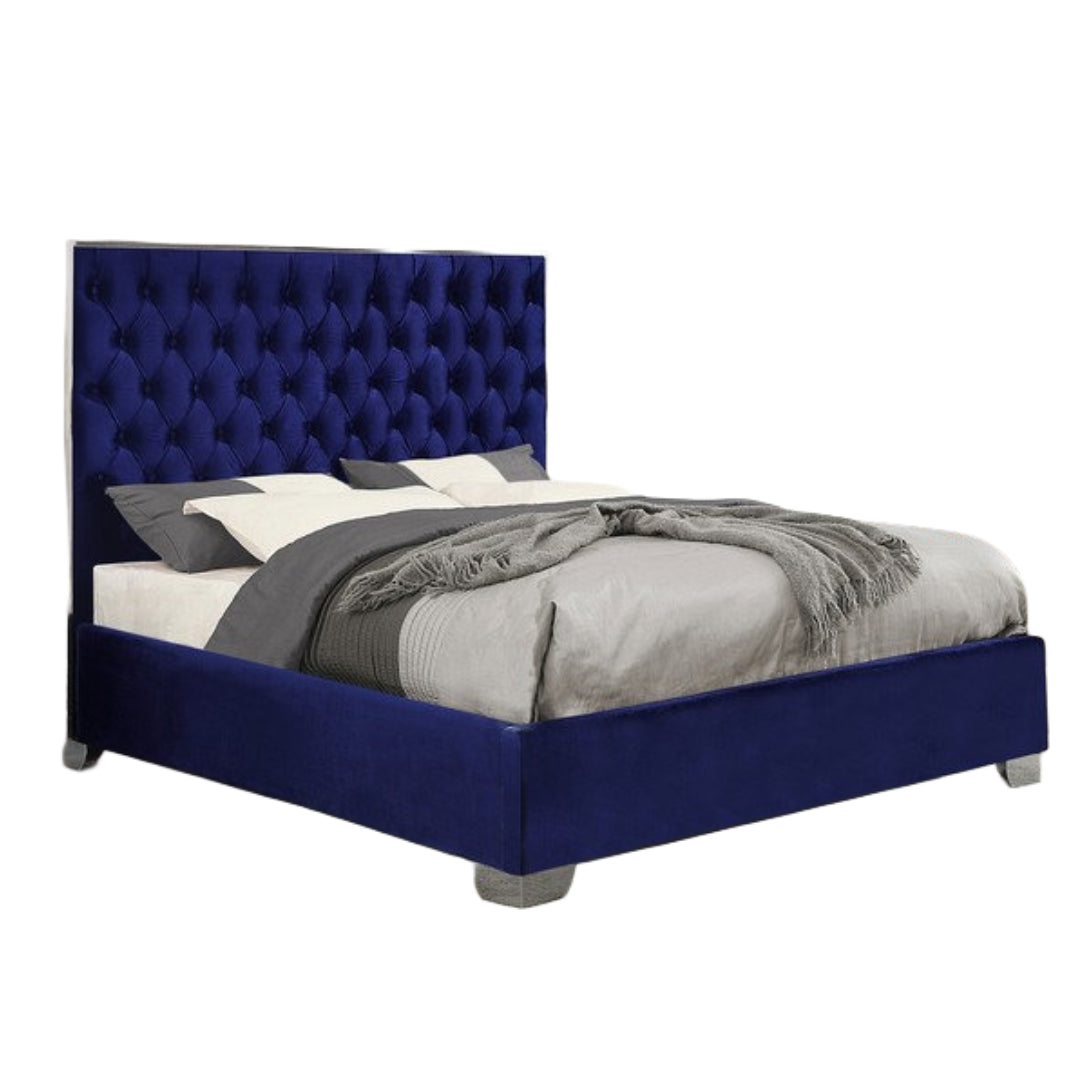 Velvet Fabric Bed with Deep Button Tufting & Chrome Trim on Headboard – IF-5540