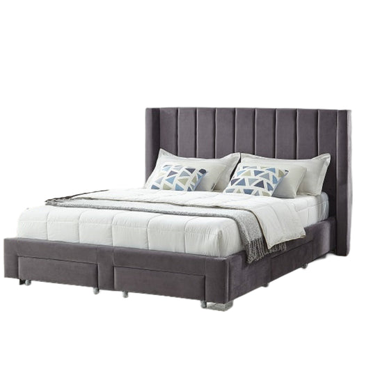 Velvet Fabric Wing Bed with Vertical Deep Tufting and Chrome Legs IF-5310