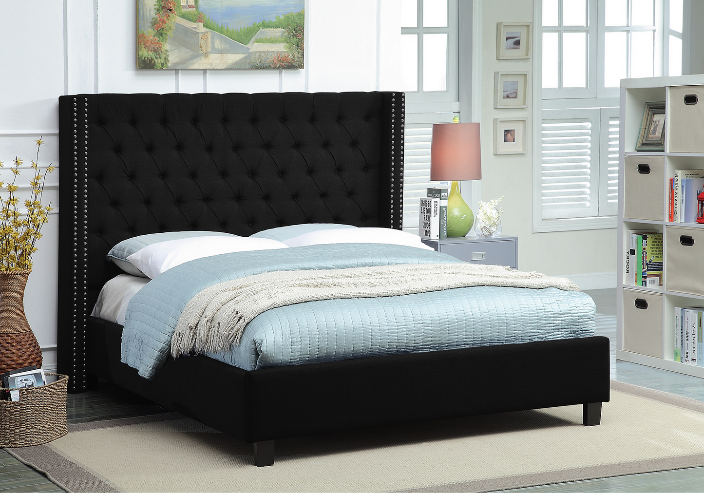 Fabric Wing Bed with Deep Button Tufting & Nailhead Trim – IF-5899