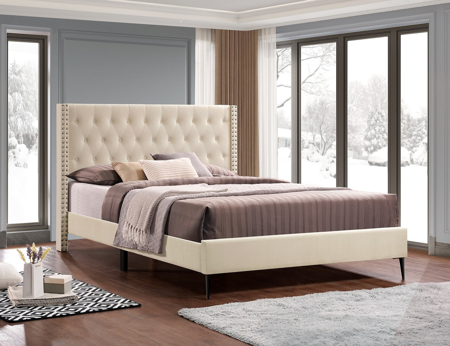 Velvet Fabric Bed with Diamond Pattern Button Tufting, Wing Headboard & Chrome Nailhead Trim – IF-5592