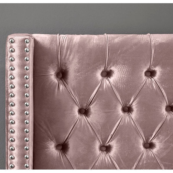 Dusty Pink Velvet Wing Bed with Deep Button Tufting & Nailhead Trim – IF-5895
