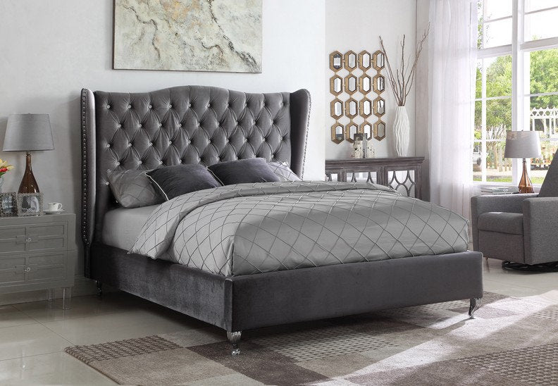 Velvet Fabric Wing Back Bed with Nailhead & Rhinestone Details – IF-5520