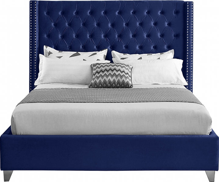 Velvet Fabric Bed with Deep Button Tufting & Nailhead Trim – IF-5892