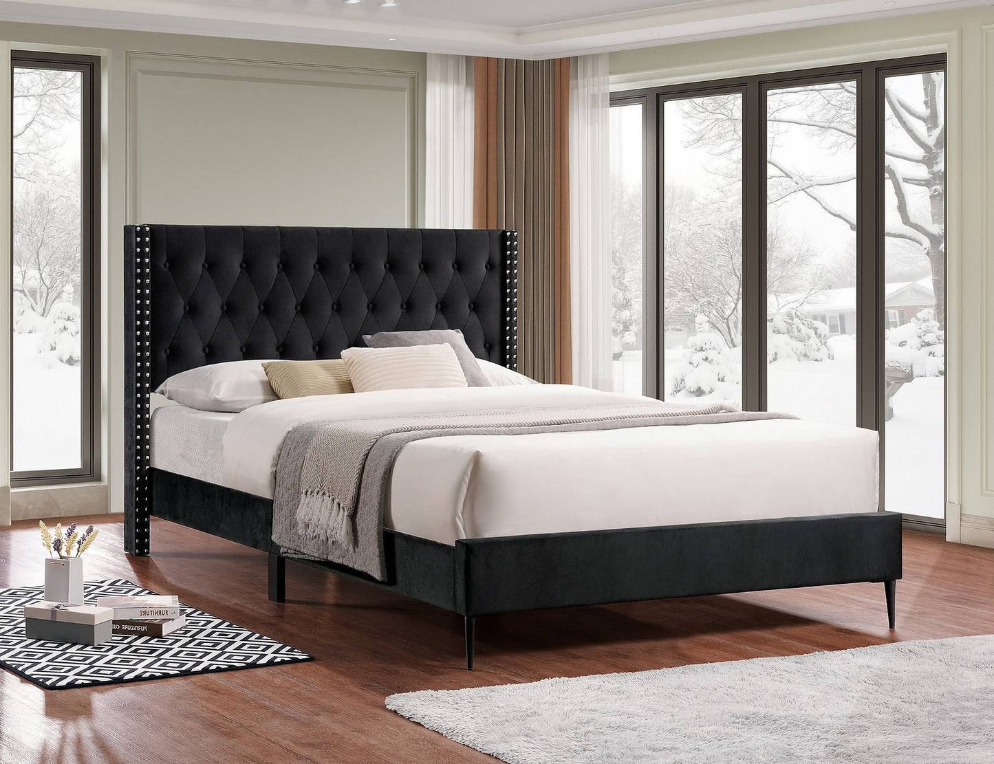 Velvet Fabric Bed with Diamond Pattern Button Tufting, Wing Headboard & Chrome Nailhead Trim – IF-5592