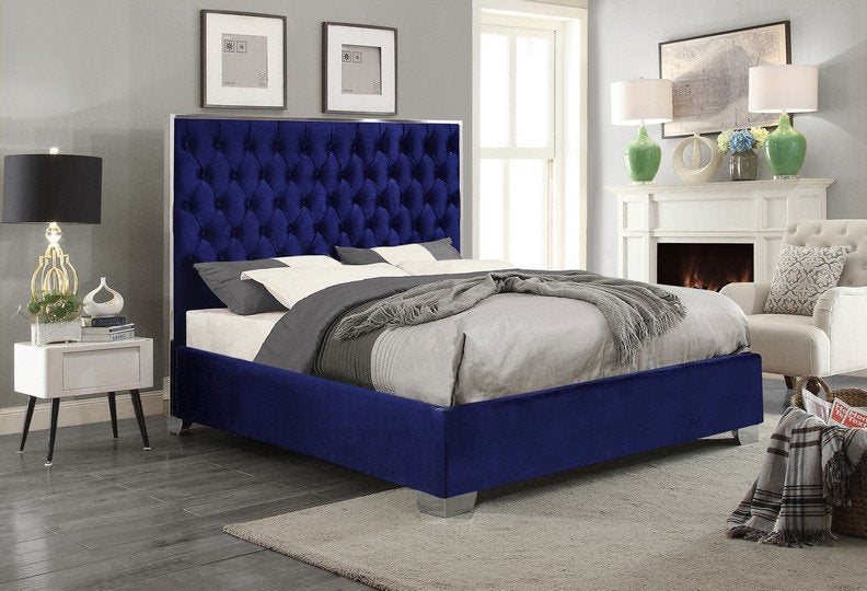 Velvet Fabric Bed with Deep Button Tufting & Chrome Trim on Headboard – IF-5540