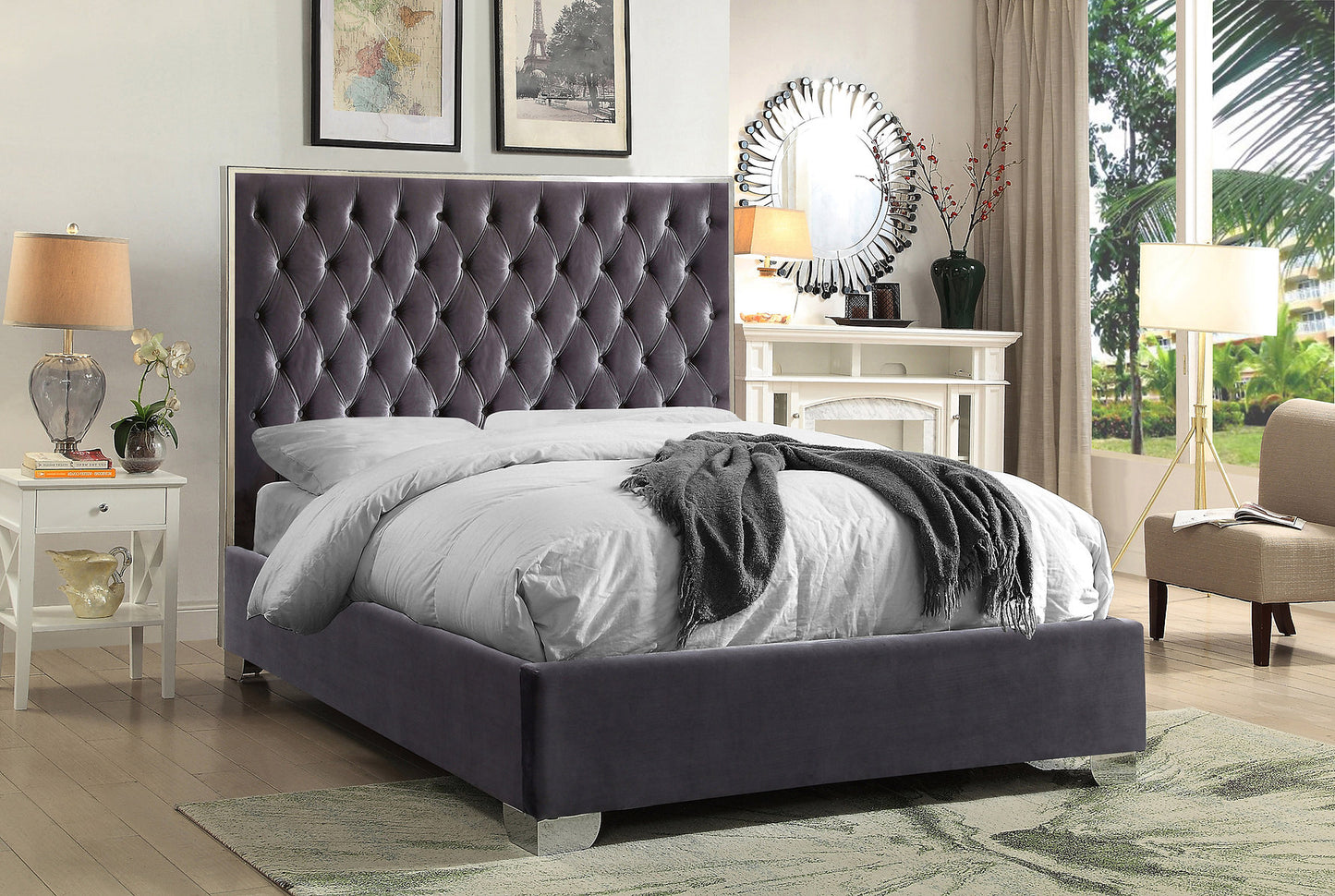 Velvet Fabric Bed with Deep Button Tufting & Chrome Trim on Headboard – IF-5540
