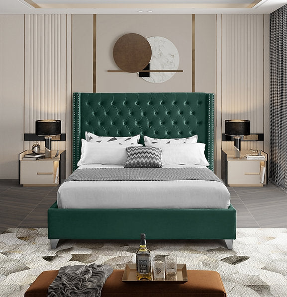 Velvet Wing Bed with Deep Button Tufting & Nailhead Trim – IF-5894