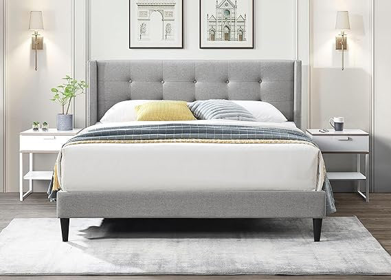 Fabric Bed with Button Tufting, Wing Headboard & Tapered Legs – IF-5270
