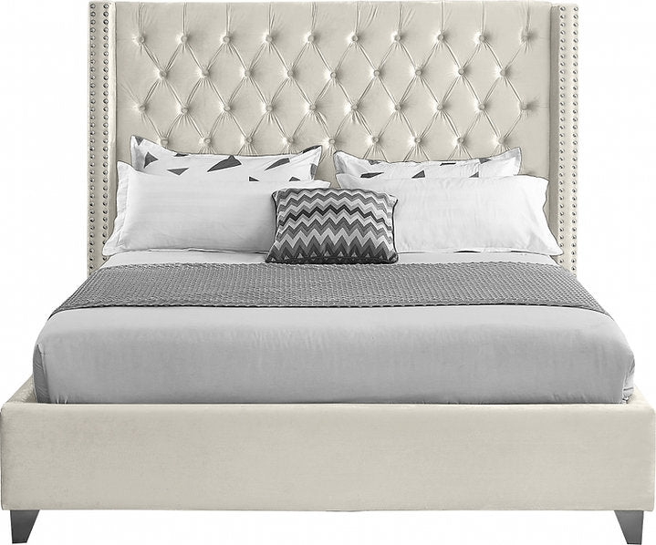 Velvet Fabric Bed with Deep Button Tufting & Nailhead Trim – IF-5892