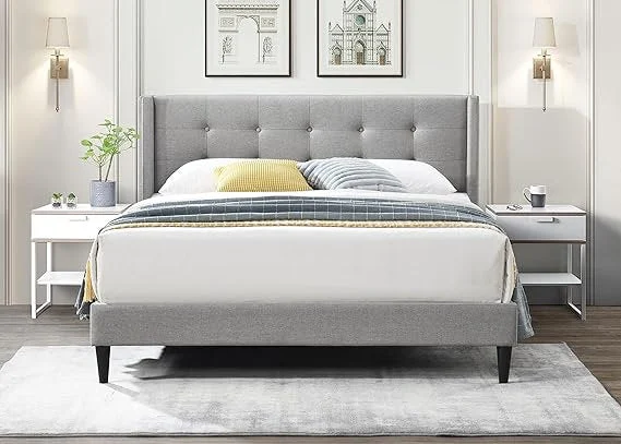 Fabric Bed with Button Tufting, Wing Headboard & Tapered Legs – IF-5270 - Image 4
