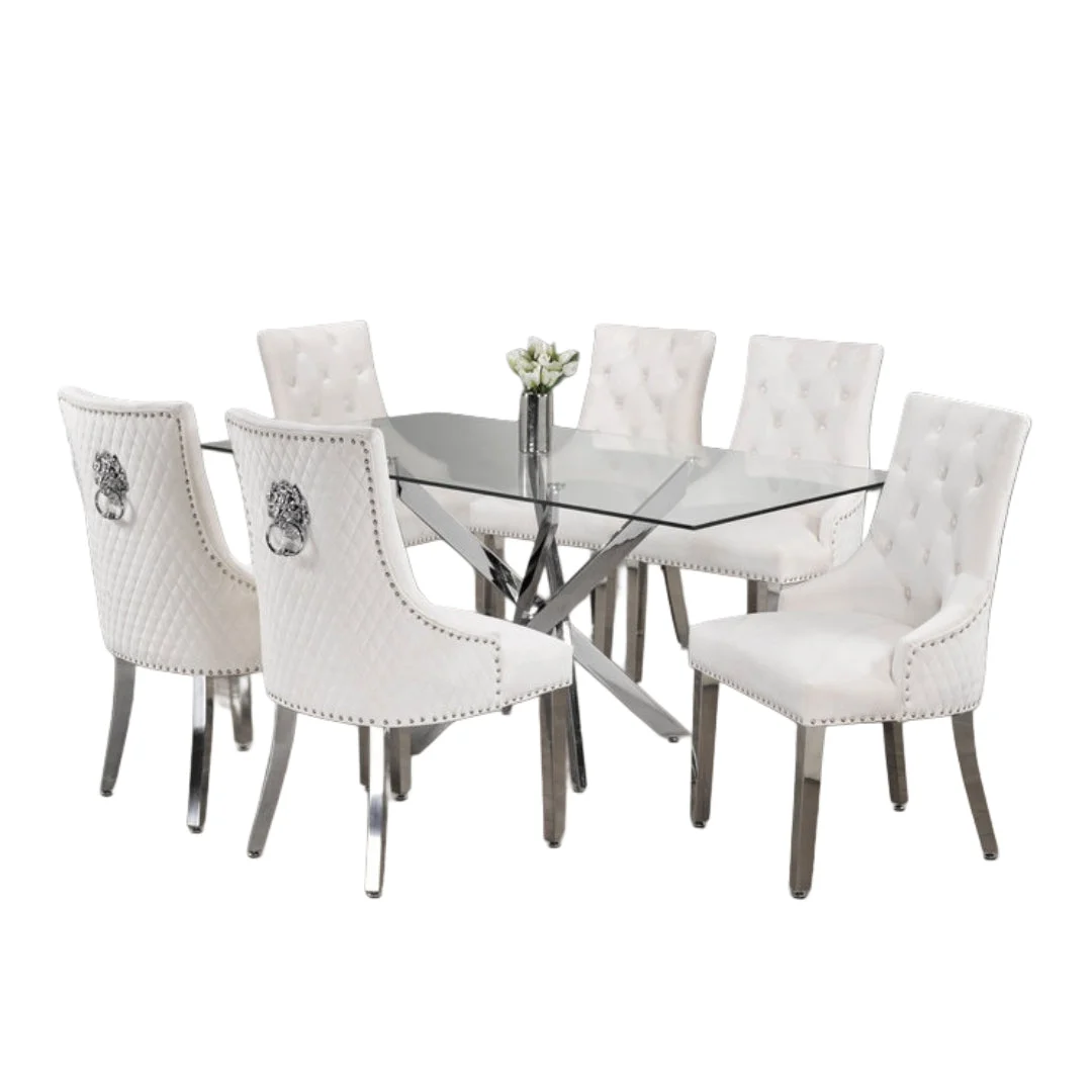Luxurious Glass Dining Set with Velvet Lion Knocker Chairs – Model T-1448