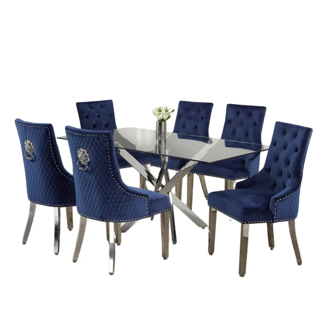 Luxurious Glass Dining Set with Velvet Lion Knocker Chairs – Model T-1448