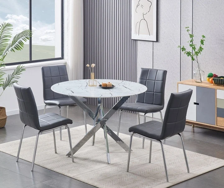 Round Marble Glass Dining Set with Chrome Legs – Model T-1445 - Image 4