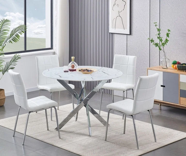 Round Marble Glass Dining Set with Chrome Legs – Model T-1445 - Image 5