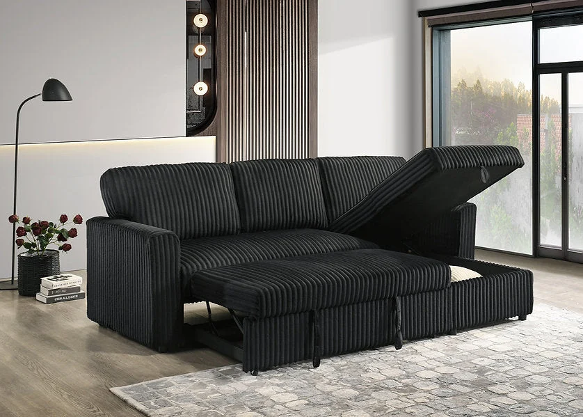 VELORIA NOIR™ – BLACK CORDUROY SOFA BED SECTIONAL – IF-9024 - Image 3